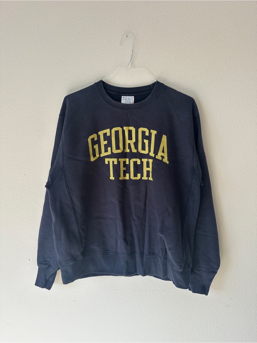 VTG Style Georgia Tech Champion Reverse Weave Crewneck Navy Large Yellow Letters